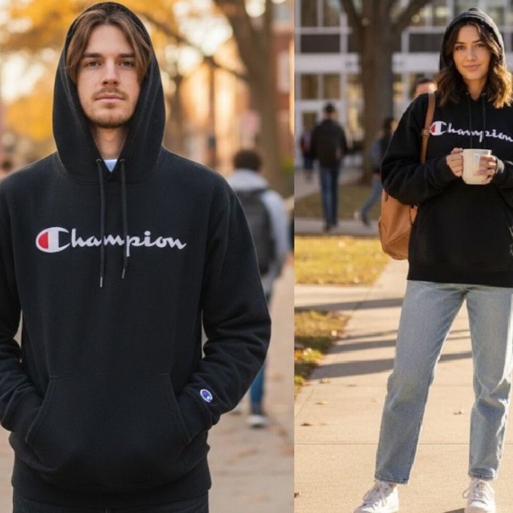 Champion Fleece Pullover Hoodie with Pockets Black Men's Large - Picture 2 of 10